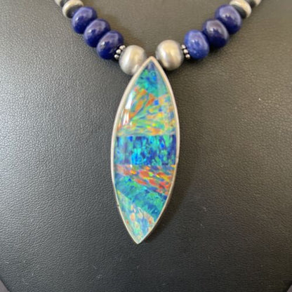 Men's Sterling Silver Necklace | Blue Lapis Bead Opal Inlay Pendant | Authentic Native American Handmade | 10585