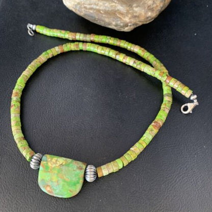 Navajo Green Gaspeite Turquoise Pendant | Sterling Silver | Authentic Native American Handmade | 13945