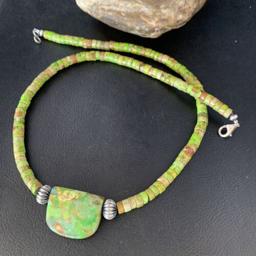 Navajo Green Gaspeite Turquoise Pendant | Sterling Silver | Authentic Native American Handmade | 13945