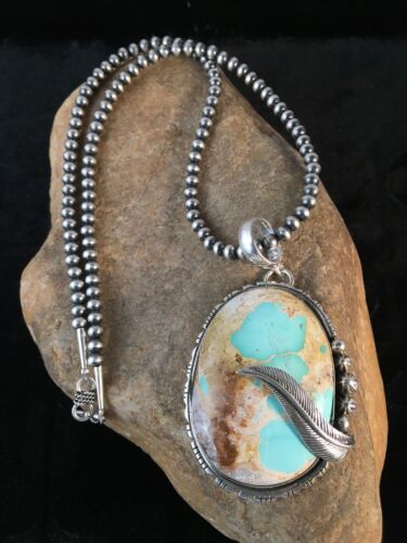 Royston Turquoise Pendant | Navajo Pearls Sterling Silver Necklace | Authentic Native American Handmade | 8730