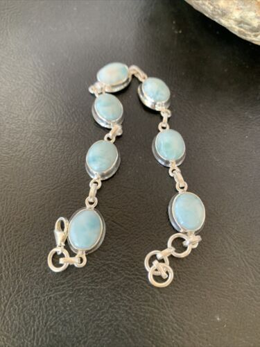 Navajo Blue Larimar 7 Link Bracelet | Sterling Silver | 7.5" | Authentic Native American Handmade | 10623