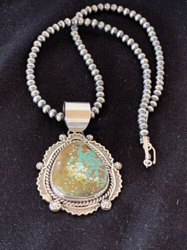 Native American Men's Sterling Silver Turquoise #8 Pendant | Navajo Pearls Necklace | 208