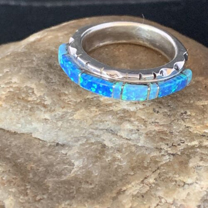 Navajo Blue Opal Inlay Ring | Sterling Silver | Sz 9 | Authentic Native American Handmade | Yazzie | 13533