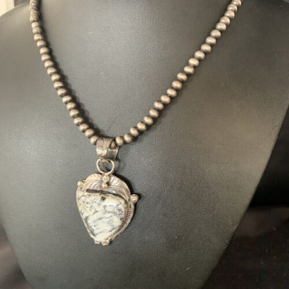 White Buffalo Turquoise Pendant Necklace | Sterling Silver | Navajo | Authentic Native American Handmade | 14057