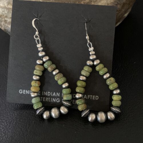 Navajo Green Turquoise Earrings | Sterling Silver | Native American Pearls Bead | 2" | 12889