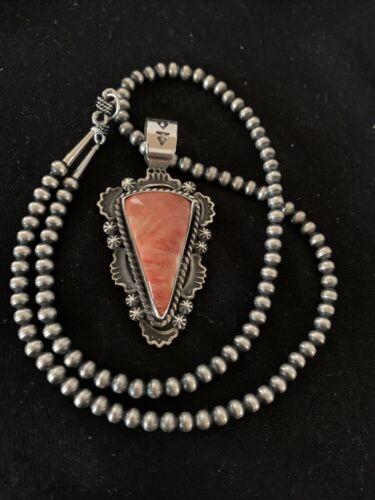 Navajo Red Spiny Oyster Pendant with Sterling Silver Pearls Necklace | Authentic Native American Handmade | 01657