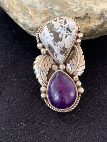 Navajo White Buffalo Turquoise & Sugilite Ring | Authentic Native American Sterling Silver | Multi-Stone | Sz 9.5 | 00310