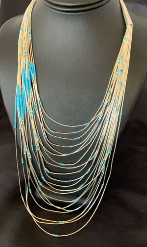 Turquoise Liquid Silver Heishi Necklace | 20 Strand Sterling Tube Pendant | Native American Handmade | 12296