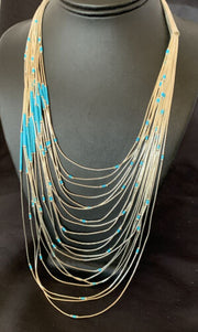 Turquoise Liquid Silver Heishi Necklace | 20 Strand Sterling Tube Pendant | Native American Handmade | 12296