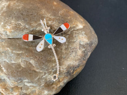 Zuni Turquoise Mother of Pearl Inlay Dragonfly Necklace Pin Pendant | Sterling Silver | 12319