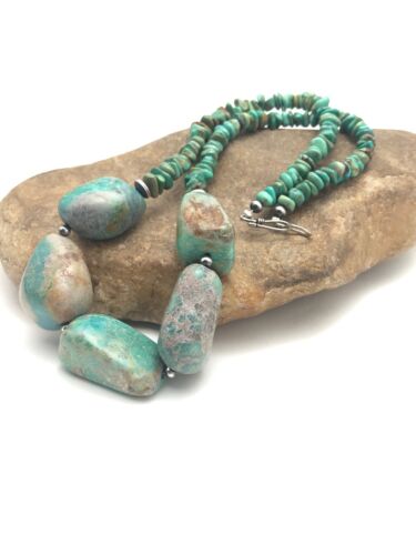 Navajo Chunky Green Nugget Turquoise Necklace | Sterling Silver | 23" | Authentic Native American Handmade | 3215