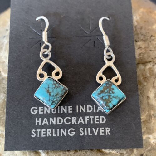 Navajo Blue Turquoise Dangle Earrings | Sterling Silver | 0.5" | Authentic Native American Handmade | 12748