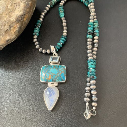 Navajo Pearls Sterling Silver Blue Mojave Turquoise Necklace Pendant | Multi-Stone | 11820