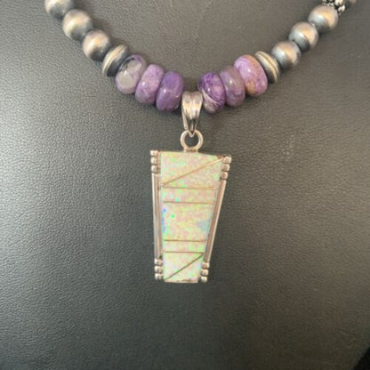 Navajo Purple Charoite White Opal inlay Pendant Necklace | Sterling Silver | Native American Handmade | 13435