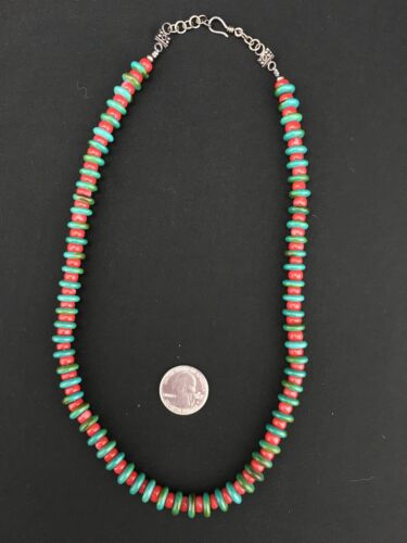 Native American Men's Turquoise & Coral Bead Necklace | Navajo Sterling Silver | 22" | 3712