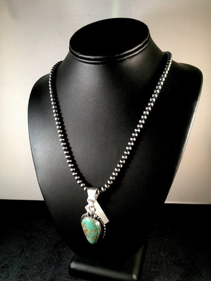 Navajo Turquoise #8 Pendant with Pearls | Sterling Silver Necklace | Authentic Native American Handmade | 8678