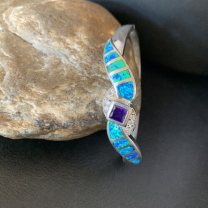 Navajo Blue Opal Amethyst Bracelet | Sterling Silver | 7" | Authentic Native American Handmade | 13123