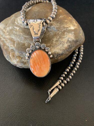 Navajo Orange Spiny Oyster Pendant Necklace | Sterling Silver | Authentic Native American Handmade | 13083