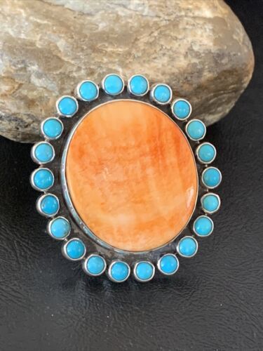 Navajo Blue Turquoise & Spiny Oyster Cluster Ring | Authentic Native American Sterling Silver | Multi-Stone | Sz 9-12 | 10628
