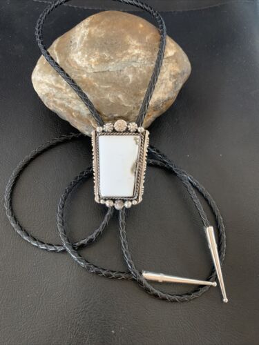 Men's Bolo Tie | White Buffalo Turquoise | Sterling Silver | Navajo | Authentic Native American Handmade | 12906