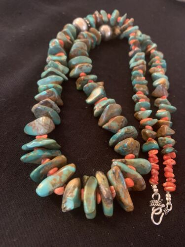 Navajo Green Turquoise & Spiny Oyster  Necklace | Sterling Silver | 26" Graduated | Authentic Native American | 00609