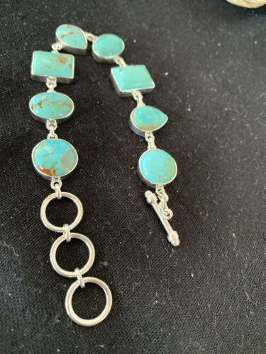 Native American Navajo Blue Turquoise Link Bracelet | Sterling Silver | 9" | 00666