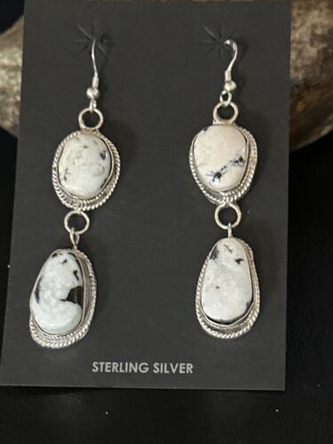 Navajo White Buffalo Turquoise Dangle Earrings | Sterling Silver | 2" | Authentic Native American Handmade | 14712