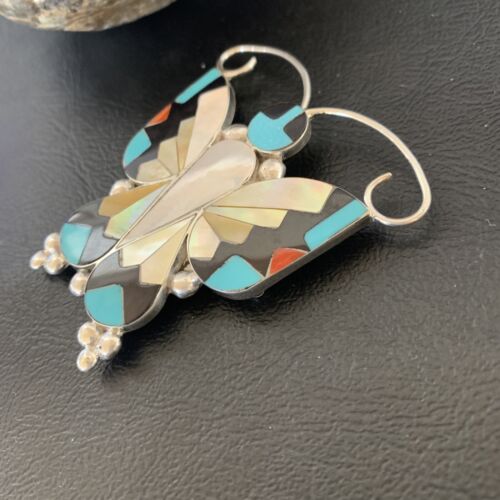 Blue Turquoise Coral Butterfly Necklace Pin Pendant | Zuni Sterling Silver | Native American Handmade | 11965