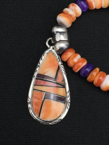 Navajo Spiny Oyster Pendant with Sugilite Inlay | Sterling Silver Necklace | Authentic Native American Handmade | 4879