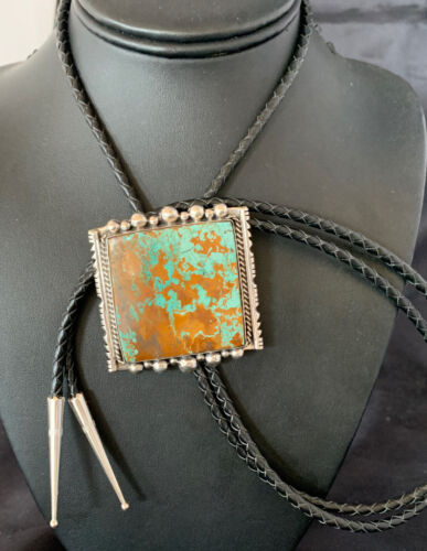 Navajo Green Royston Turquoise Bolo Tie | Sterling Silver | Authentic Native American Handmade | 12883