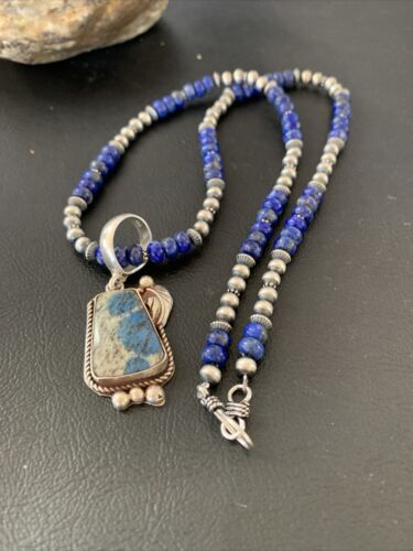 Men's Navajo Pearls Lapis Necklace with Azurite Pendant | Sterling Silver | Authentic Native American Handmade | 01931