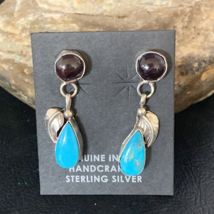Navajo Sterling Silver Dangle Leaf Earrings | Purple Sugilite & Blue Turquoise | 13443