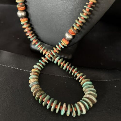 Turquoise Spiny Oyster Navajo Sterling Silver Necklace | Authentic Native American | 34" | 14364 Graduated