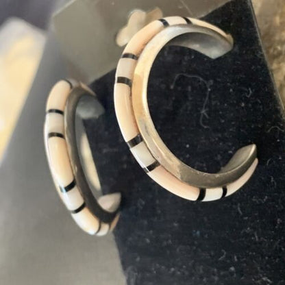 Navajo Pink Mother of Pearl and Onyx Inlay Hoop Earrings | Sterling Silver | Authentic Native American Handmade | 12674