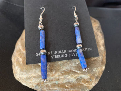 Navajo Denim Lapis Lazuli Bead Dangle Drop Earrings | Sterling Silver | Authentic Native American Handmade | 13040