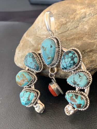 Navajo Coral Spiderweb Turquoise Pendant | Authentic Native American Sterling Silver | Naja | 02226