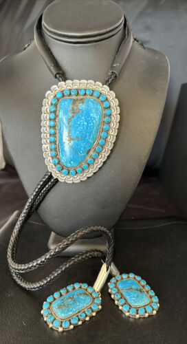 Navajo Blue Kingman Turquoise Bolo Tie | Sterling Silver | Authentic Native American Handmade | 14228