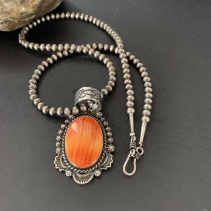Navajo Pearls Orange Spiny Oyster Necklace Pendant | Sterling Silver | Authentic Native American Handmade | 11301