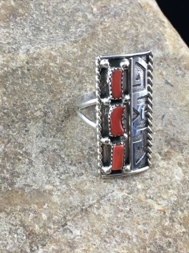 Navajo Red Coral Ring | Sterling Silver | Sz 9 | Authentic Native American Multi-Stone | 10092