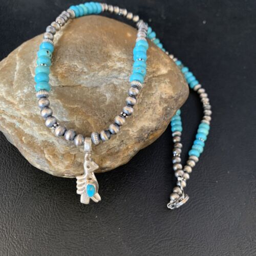 Navajo Blue Turquoise Inlay Pendant Necklace | Sterling Silver | Native American Handmade | 13837