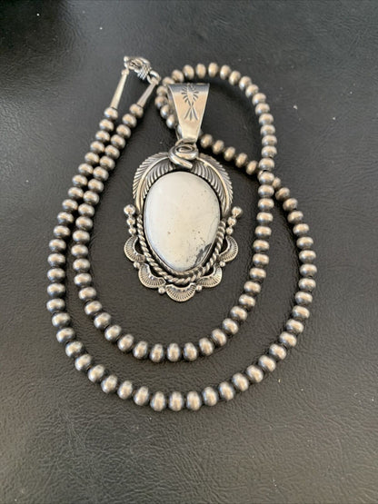 Navajo Pearls | Sterling Silver White Buffalo Turquoise Necklace Pendant 10943