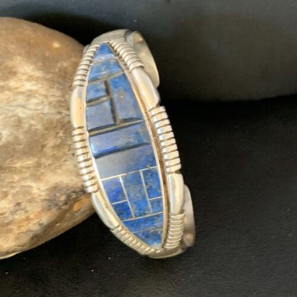 Native American Men's Blue Lapis Inlay Cuff Bracelet | Navajo Sterling Silver | 13709