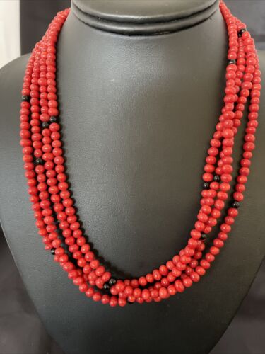 Native American Navajo Red Coral Onyx Necklace | Sterling Silver | 10302