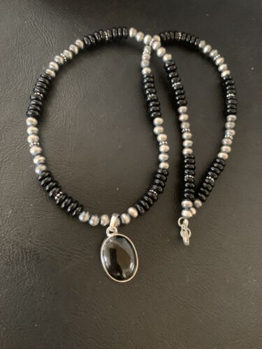 Native American Men's Navajo Pearl Necklace Pendant | Sterling Silver Black Onyx | 11905