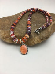 Navajo Orange Spiny Oyster Pendant Necklace Set | Sterling Silver | Authentic Native American Handmade | 2772