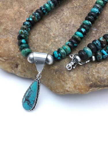Navajo Spiderweb Turquoise Bead Necklace Pendant | Sterling Silver | Authentic Native American Handmade | 2796