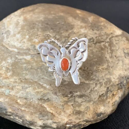 Navajo Red Spiny Oyster Butterfly Ring | Sterling Silver | Adj Sz 8 | Authentic Native American Handmade | 10342