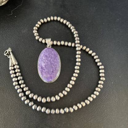 Navajo Pearls Necklace with Purple Charoite Pendant | Sterling Silver | Authentic Native American Handmade | 14464