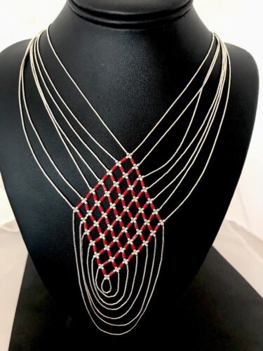 Southwestern Coral Heishi Necklace | 7 Strands Sterling Silver | Navajo | 3699