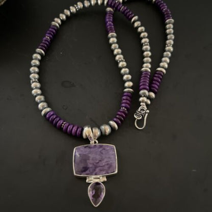 Navajo Pearls Necklace with Purple Sugilite Pendant | Sterling Silver | Multi-Stone | 11333